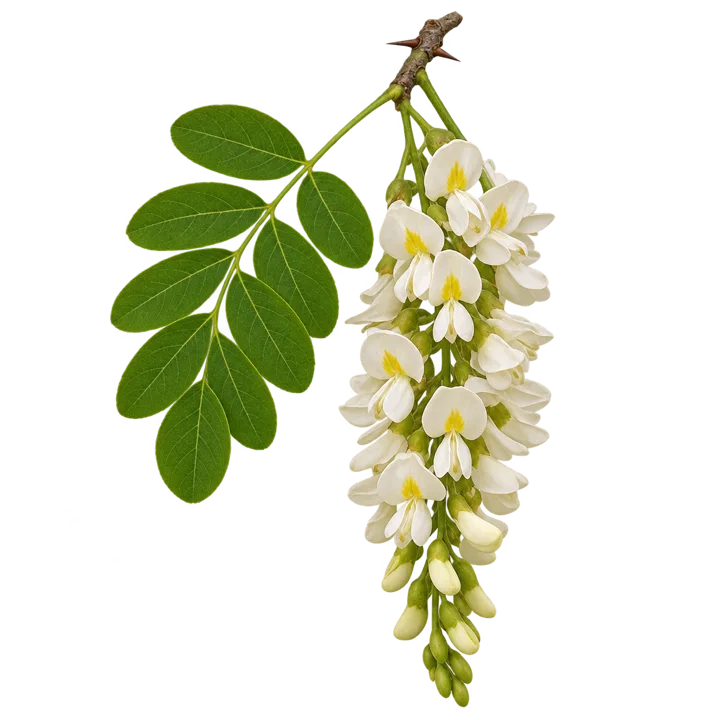 Rametto di robinia con un grappolo di fiori bianchi